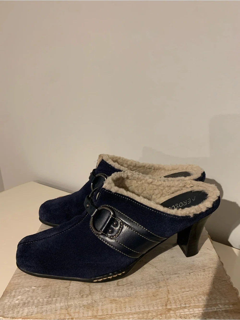 Navy Suede Shearling-Lined Mule Heels with Buckle Detail - Picture 2 of 5